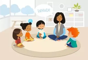 Kindergarten teacher and children sitting in circle and meditating min Kindergarten teacher meditating with students