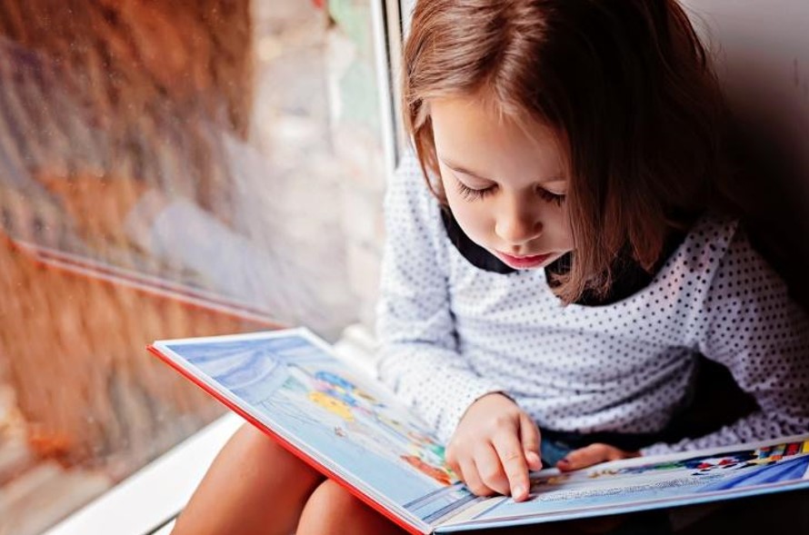 small girl reading books