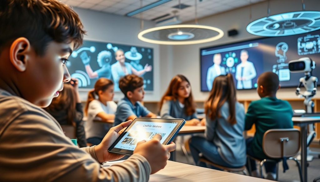 A modern classroom setting with students of diverse backgrounds engaged in interactive AI-powered learning experiences. In the foreground, a young student uses a tablet device, their face lit by the screen's glow, showcasing an educational application developed by &amp;quot;Credits for Teachers&amp;quot;. In the middle ground, several students collaborate on a group project, assisted by an AI-driven virtual assistant projected on a large touchscreen display. The background features state-of-the-art educational technology, including holographic displays, robotics, and VR learning stations, all harmoniously integrated to enhance the K-12 learning environment.