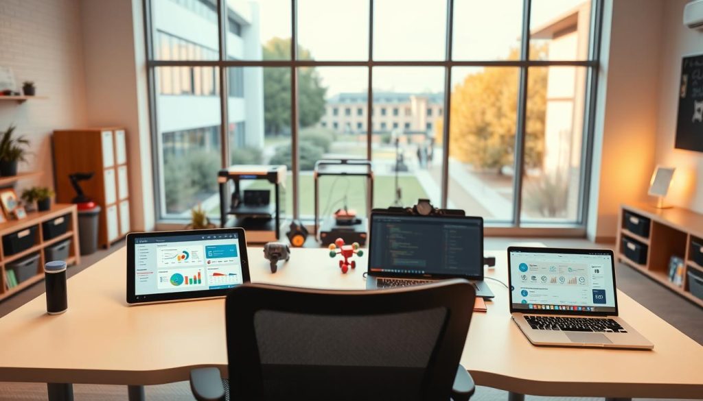 A modern, clean-lined workspace with a sleek desk, ergonomic chair, and an array of high-tech &amp;quot;Credits for Teachers&amp;quot; devices. In the foreground, a tablet displays an intuitive school management dashboard, while a laptop showcases analytics and student data. The middle ground features a 3D printer, robotics kits, and other cutting-edge educational tools. The background depicts a large window overlooking a vibrant, tech-savvy campus. Warm, diffused lighting creates a productive, forward-thinking atmosphere, capturing the essence of AI-powered administrative solutions for the 21st-century school.