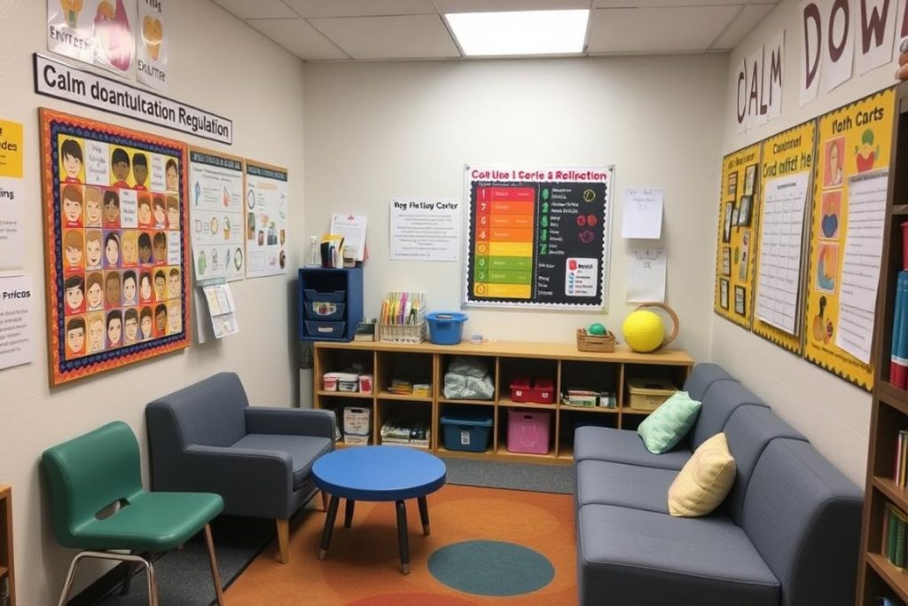 A calm-down corner in an elementary classroom with emotional regulation tools A calm-down corner in an elementary classroom with emotional regulation tools