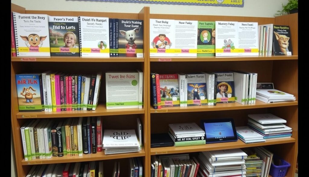 Classroom bookshelf with tiered reading materials labeled by reading level for content differentiation