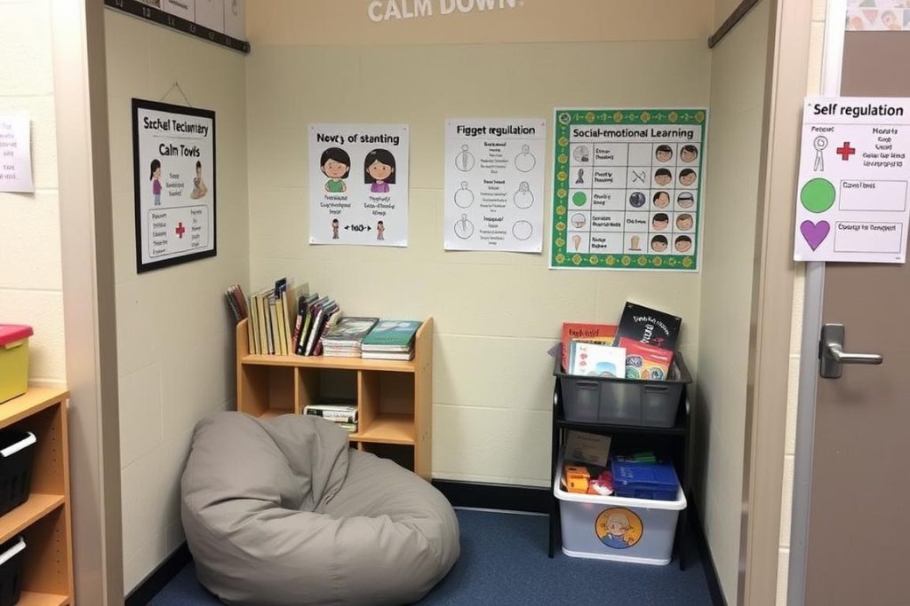 Classroom calm-down corner with comfortable seating and self-regulation tools in a rowdy classroom setting Classroom calm-down corner with comfortable seating and self-regulation tools in a rowdy classroom setting
