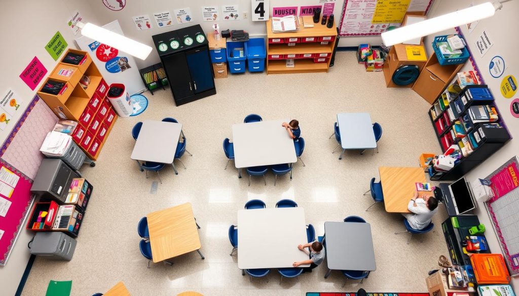 Classroom layout optimized for small group instruction with different learning stations Classroom layout optimized for small group instruction with different learning stations