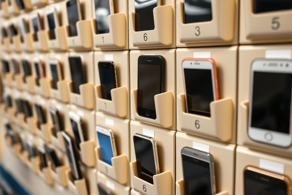 Classroom phone hotel storage system with numbered pockets Classroom phone hotel storage system with numbered pockets