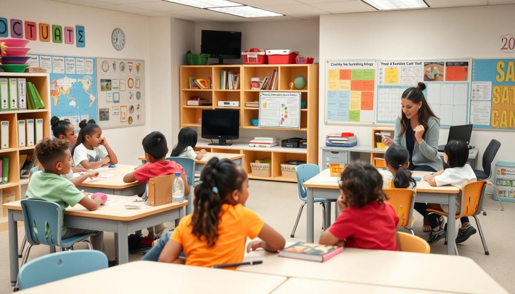 Classroom with differentiated learning stations where students work at various ability levels Classroom with differentiated learning stations where students work at various ability levels