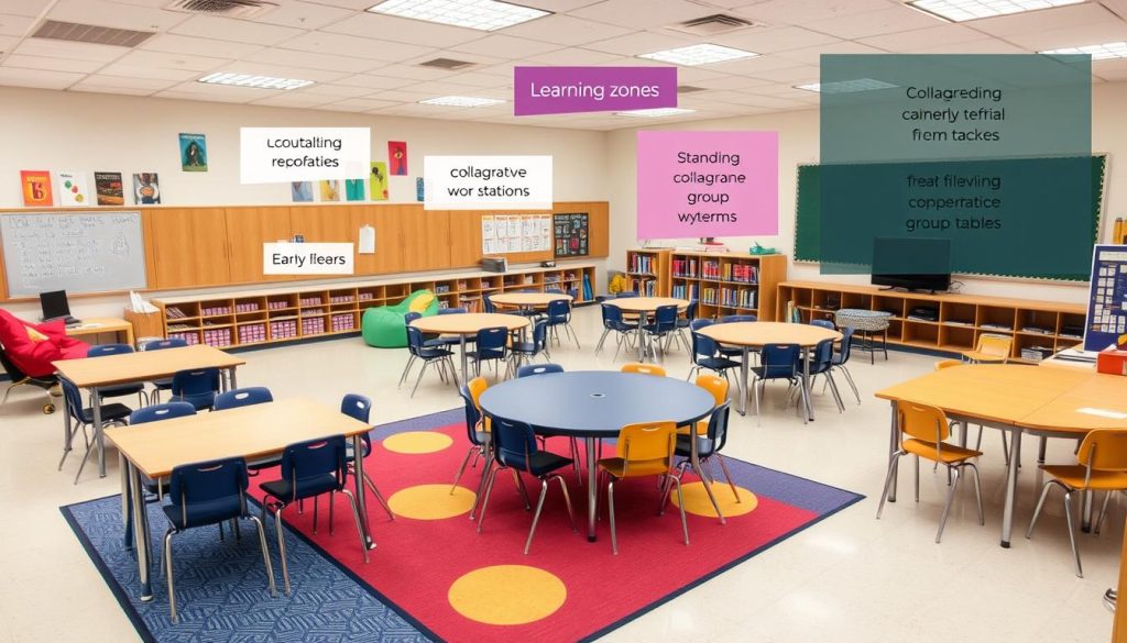 Classroom with flexible seating arrangements and designated areas for different learning activities