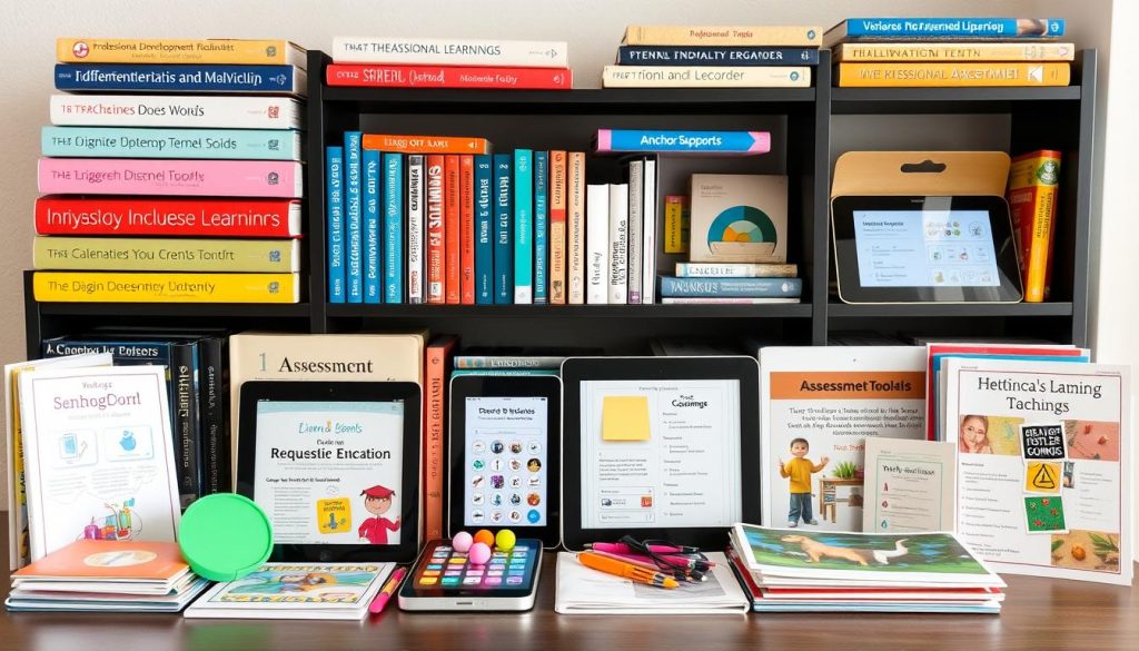 Collection of diverse learning resources including books, digital tools, and manipulatives for diverse learners Collection of diverse learning resources including books, digital tools, and manipulatives for diverse learners