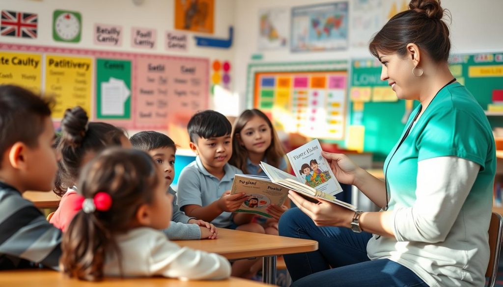 Diverse classroom with English Language Learners working with a teacher Diverse classroom with English Language Learners working with a teacher