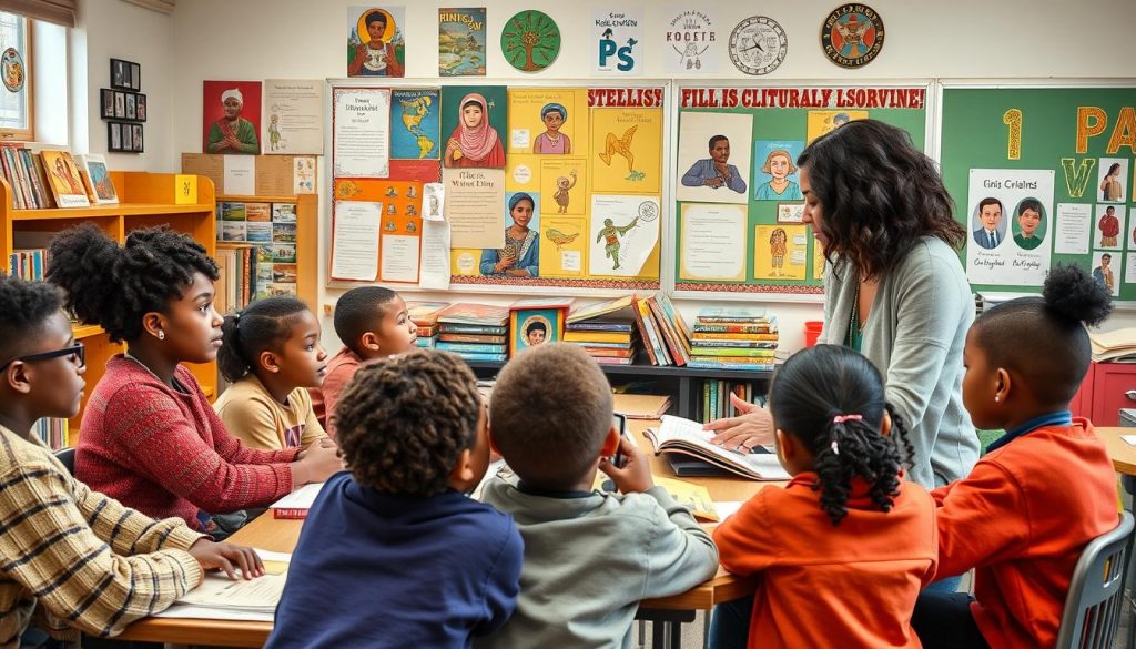 Diverse classroom with culturally responsive teaching materials and engaged students Diverse classroom with culturally responsive teaching materials and engaged students