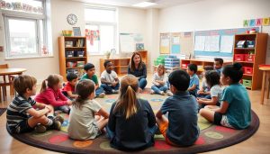 Diverse group of elementary students working collaboratively in a classroom community circle Diverse group of elementary students working collaboratively in a classroom community circle