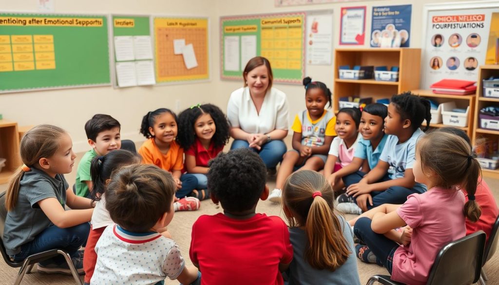 Diverse group of students and teacher engaged in a classroom community circle Diverse group of students and teacher engaged in a classroom community circle