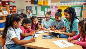 Diverse group of students collaborating on a classroom project with teacher providing guidance Diverse group of students collaborating on a classroom project with teacher providing guidance to diverse learners