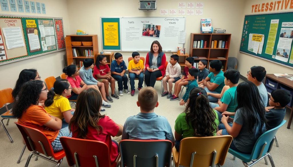 Diverse students engaged in a community-building circle activity with teacher Diverse students engaged in a community-building circle activity with teacher