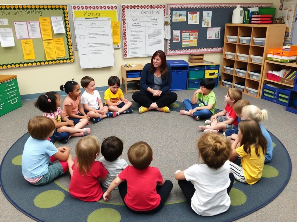 Elementary students participating in a morning meeting circle with their teacher Elementary students participating in a morning meeting circle with their teacher