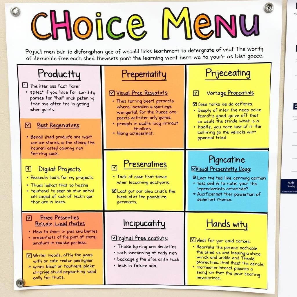 Example of a choice board with nine different product options for students to demonstrate learning
