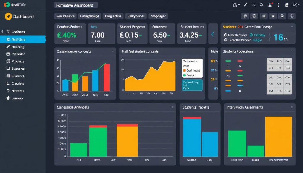 Formative Assessment Dashboard showing real-time student data for diverse learners with progress indicators Formative Assessment Dashboard showing real-time student data for diverse learners with progress indicators