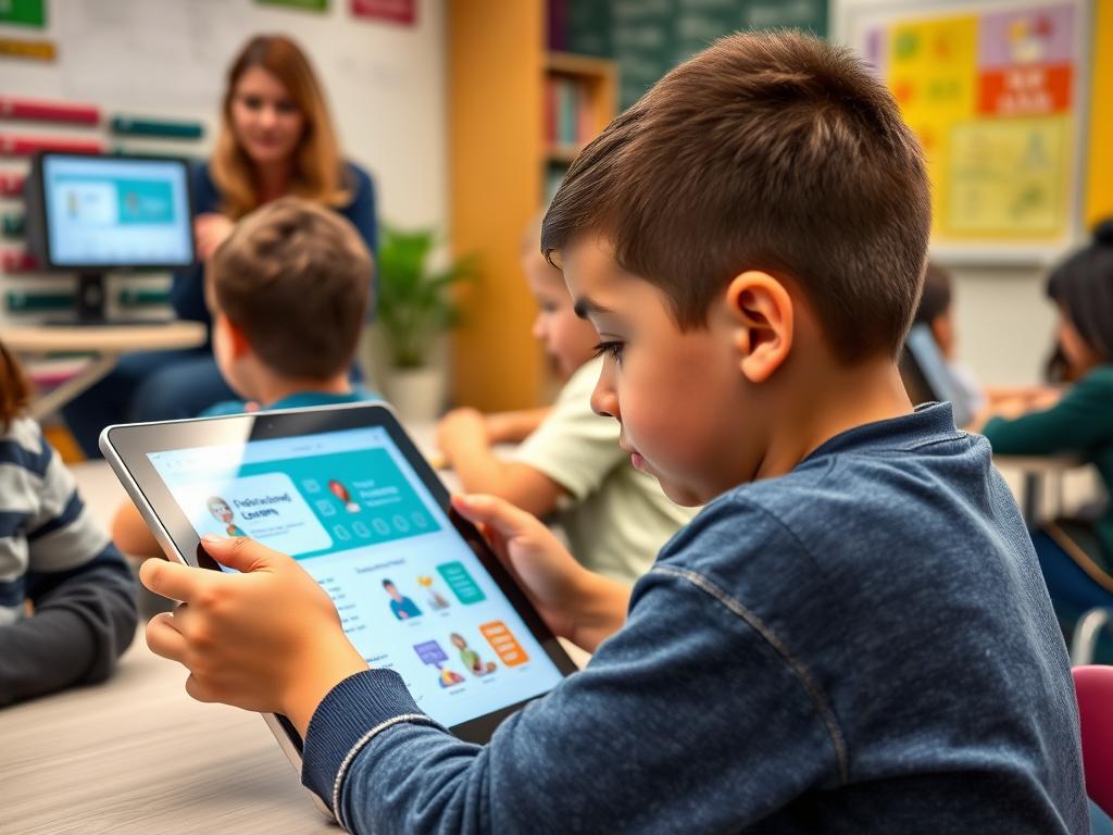 Student using adaptive learning technology on a tablet with teacher monitoring progress dashboard