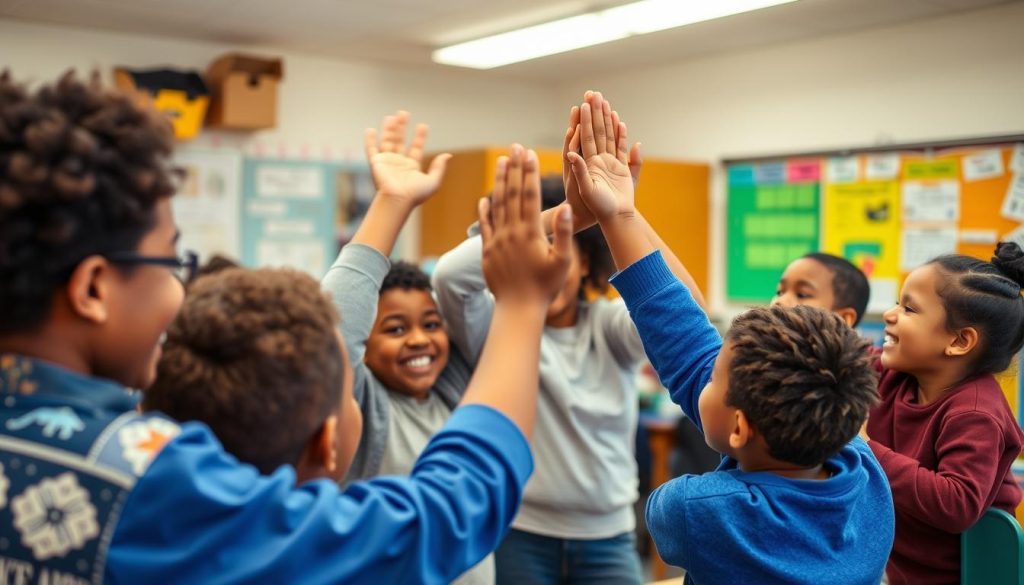 Students and teacher in a celebratory classroom community moment Students and teacher in a celebratory classroom community moment