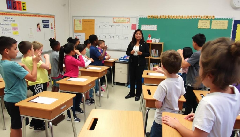 Students engaged in a structured brain break activity Students engaged in a structured brain break activity