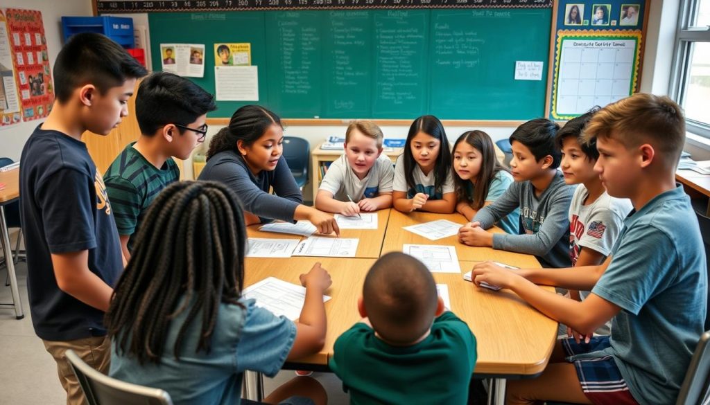 Students engaged in collaborative learning for English Language Learners