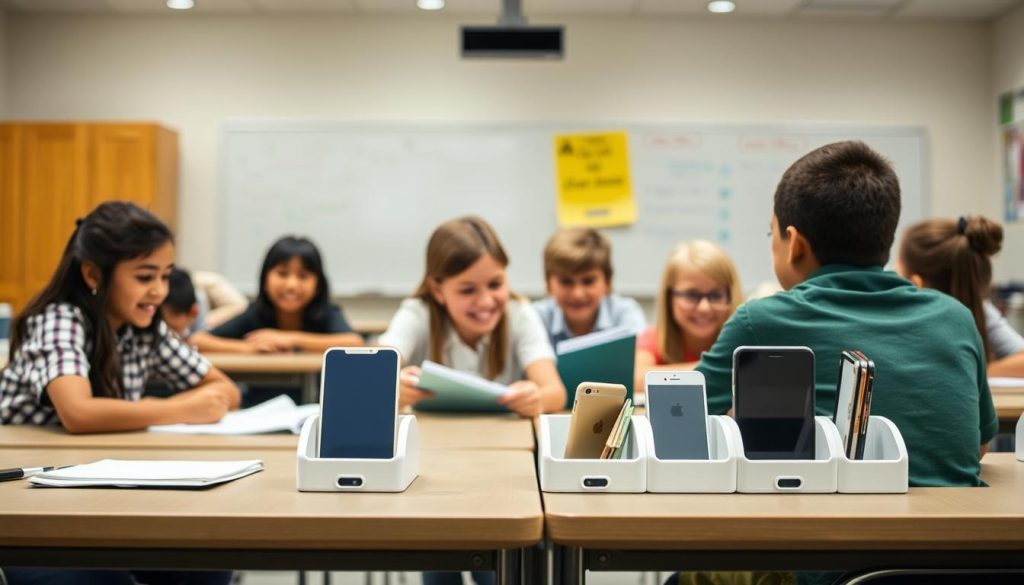 Students engaged in learning with phones stored in background Students engaged in learning with phones stored in background