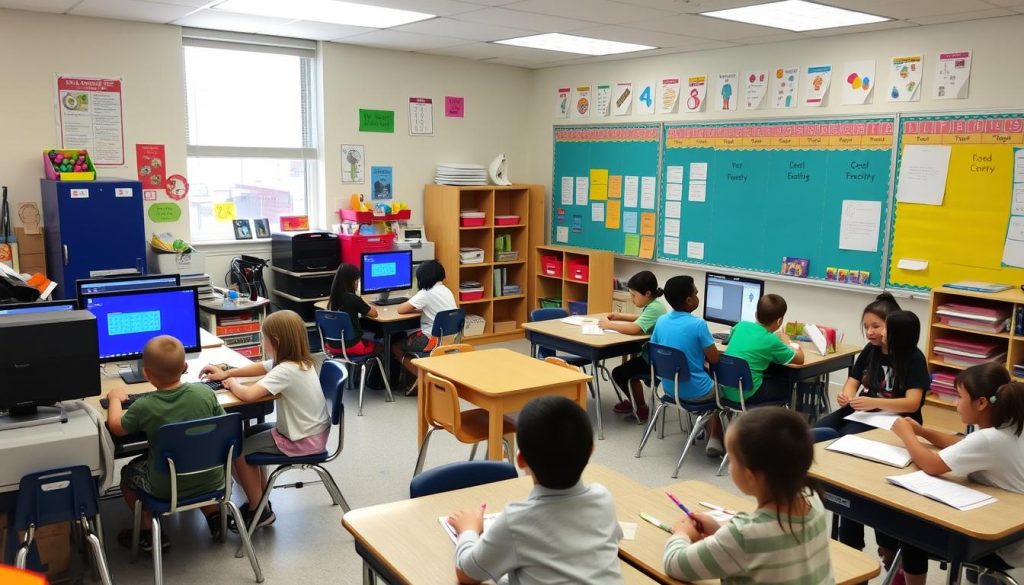 Students engaged in various learning stations around a classroom Students engaged in various learning stations around a classroom