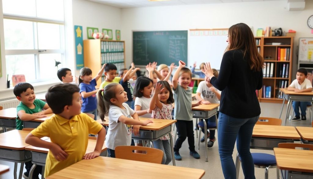 Students participating in a structured movement break in a previously rowdy classroom Students participating in a structured movement break in a previously rowdy classroom