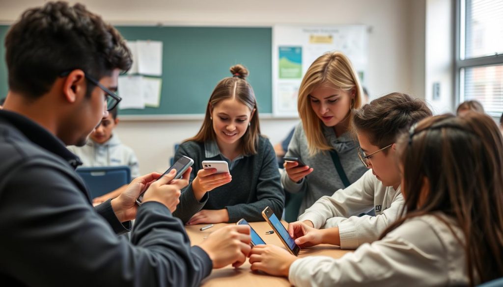Students using phones for educational activity in classroom Students using phones for educational activity in classroom