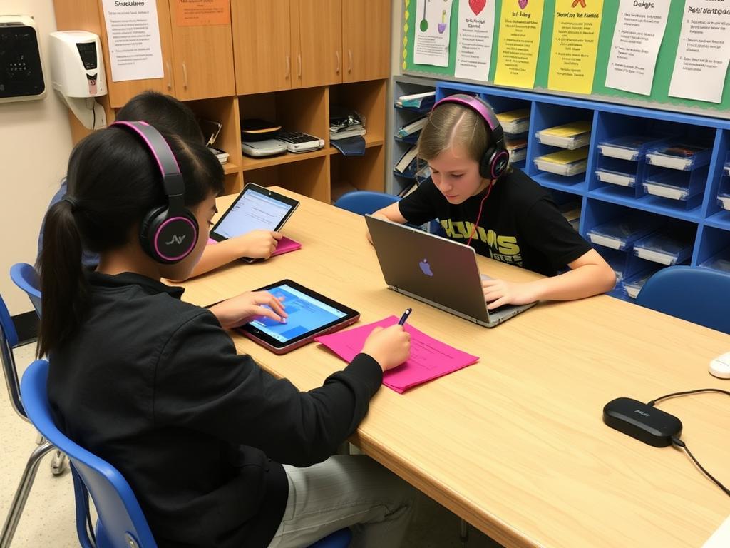 Students using tablets at a technology learning station Students using tablets at a technology learning station