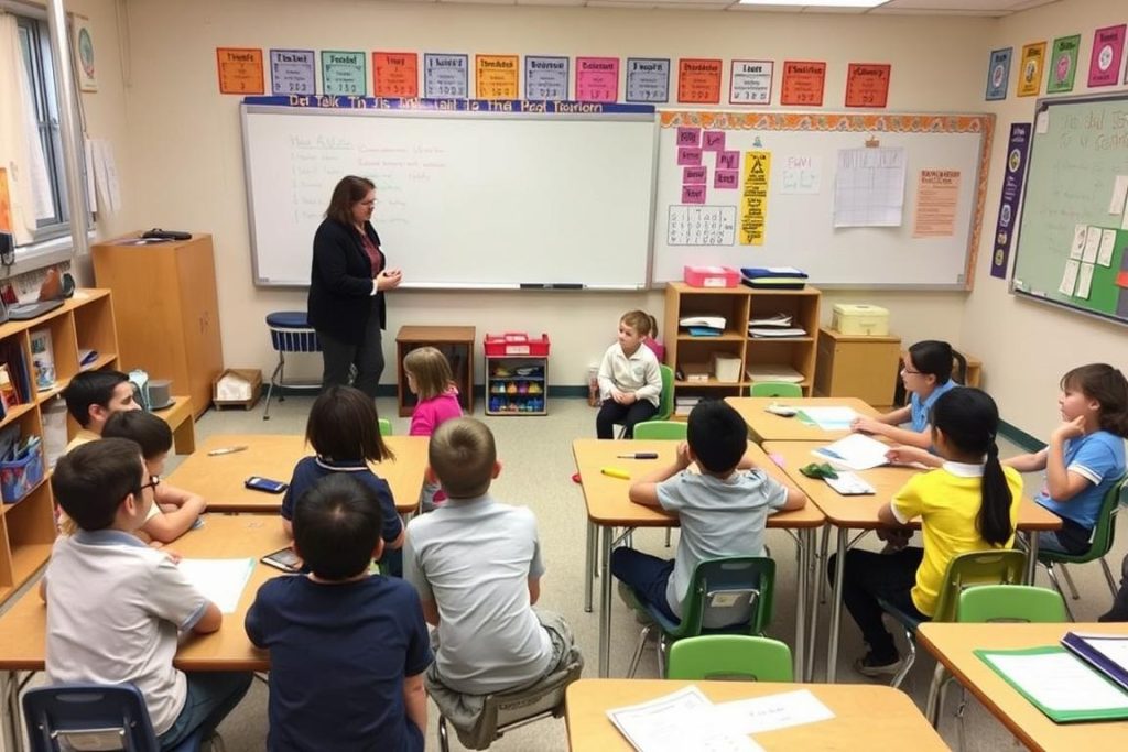 Students working in flexible groups with teacher providing targeted support to one group
