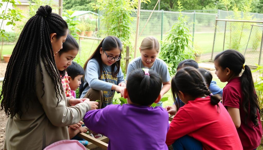 Students working together on a community garden service learning project Students working together on a community garden service learning project
