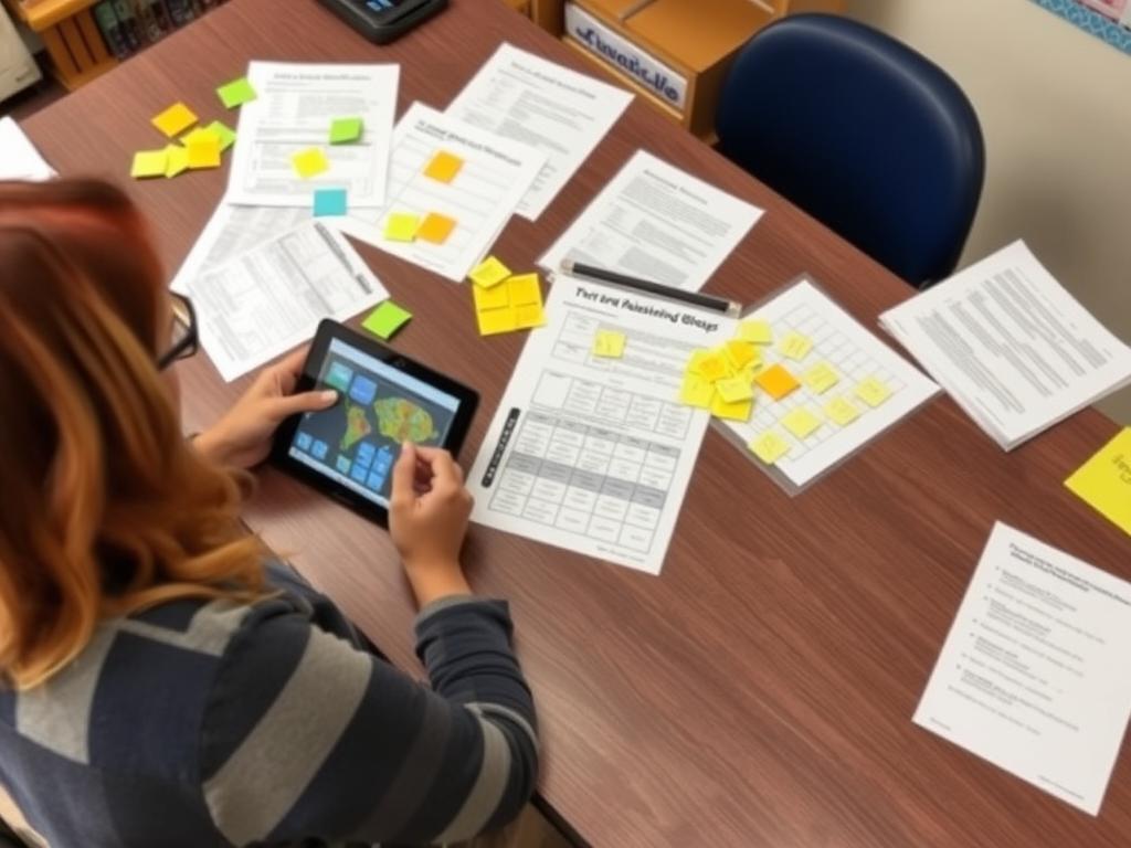 Teacher analyzing student data to form effective small groups Teacher analyzing student data to form effective small groups