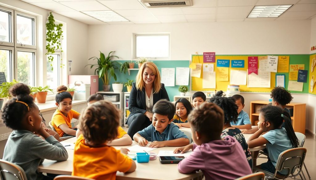 Teacher and students in a positive classroom culture environment Teacher and students in a positive classroom culture environment