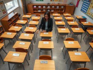 Teacher arranging classroom desks in small groups with strategic placement of rowdy students Teacher arranging classroom desks in small groups with strategic placement of rowdy students