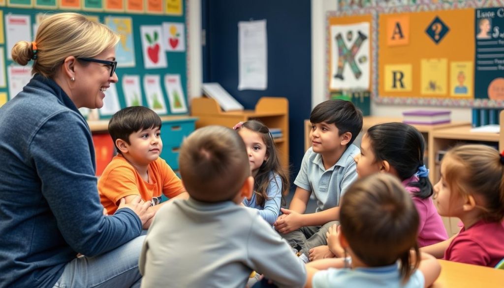 Teacher building positive relationships with students in classroom Teacher building positive relationships with students in classroom
