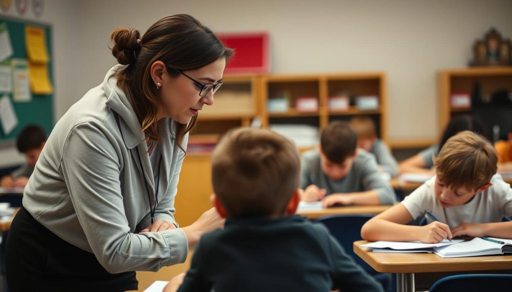Teacher calmly addressing a minor classroom disruption Teacher calmly addressing a minor classroom disruption