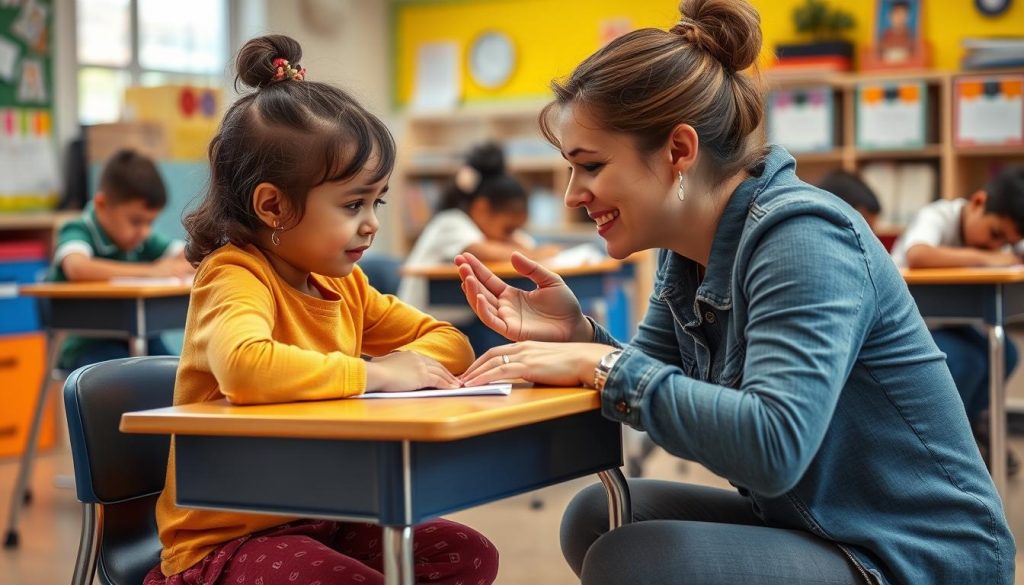 Teacher calmly helping an upset student regulate emotions in a classroom setting Teacher calmly helping an upset student regulate emotions in a classroom setting