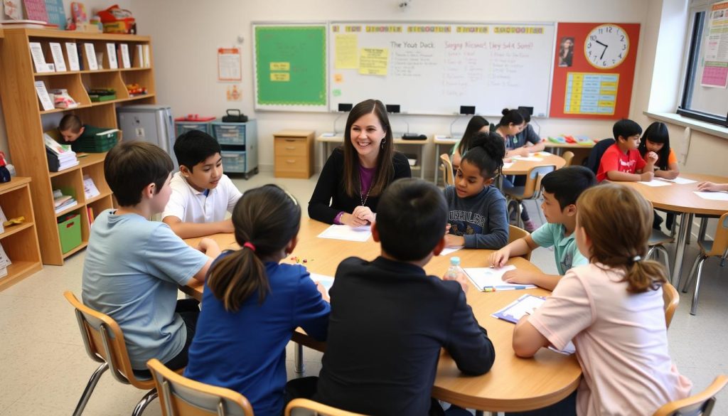 Teacher confidently leading small group instruction in a well-organized classroom Teacher confidently leading small group instruction in a well-organized classroom