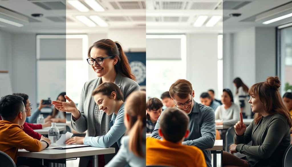 Teacher demonstrating different tones of voice in classroom setting Teacher demonstrating different tones of voice in classroom setting