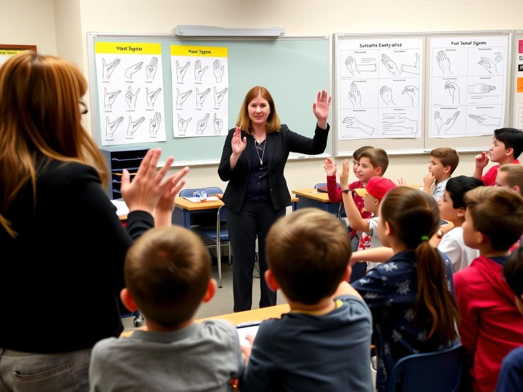 Teacher demonstrating non-verbal communication signals to students Teacher demonstrating non-verbal communication signals to students