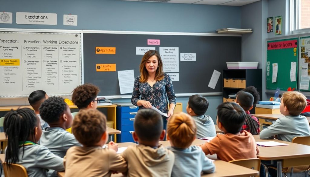 Teacher demonstrating proper classroom management techniques with engaged students Teacher demonstrating proper classroom management techniques with engaged students