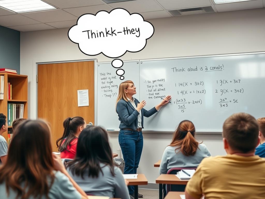 Teacher demonstrating think-aloud strategy with students Teacher demonstrating think-aloud strategy with students
