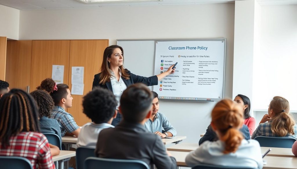 Teacher explaining phone policy to students in classroom Teacher explaining phone policy to students in classroom