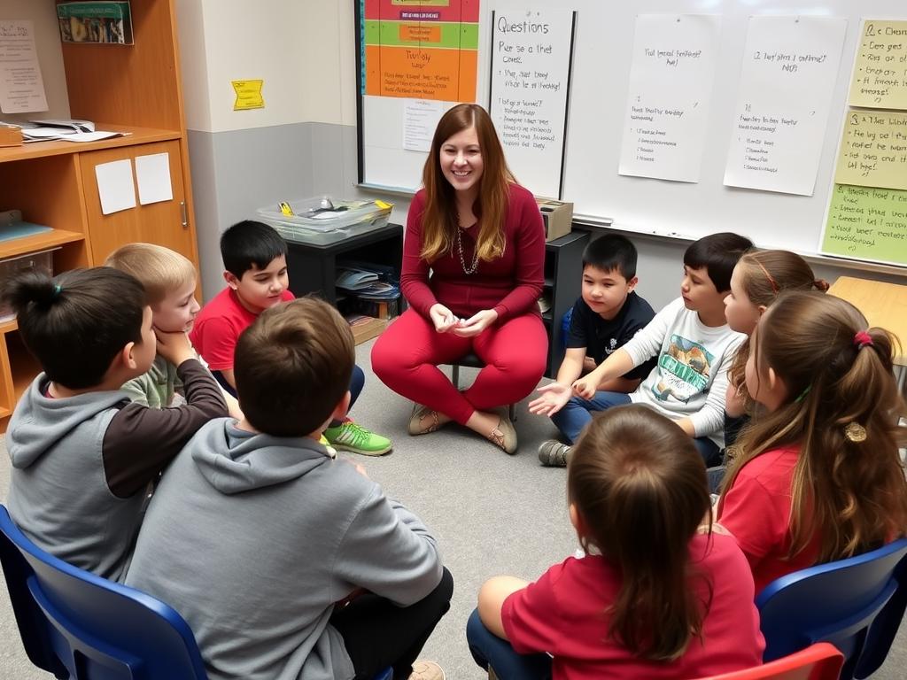 Teacher facilitating a restorative circle with students discussing a classroom issue Teacher facilitating a restorative circle with students discussing a classroom issue