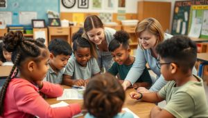 Teacher guiding diverse students in a Project Based Learning classroom environment Teacher guiding diverse students in a Project Based Learning classroom environment