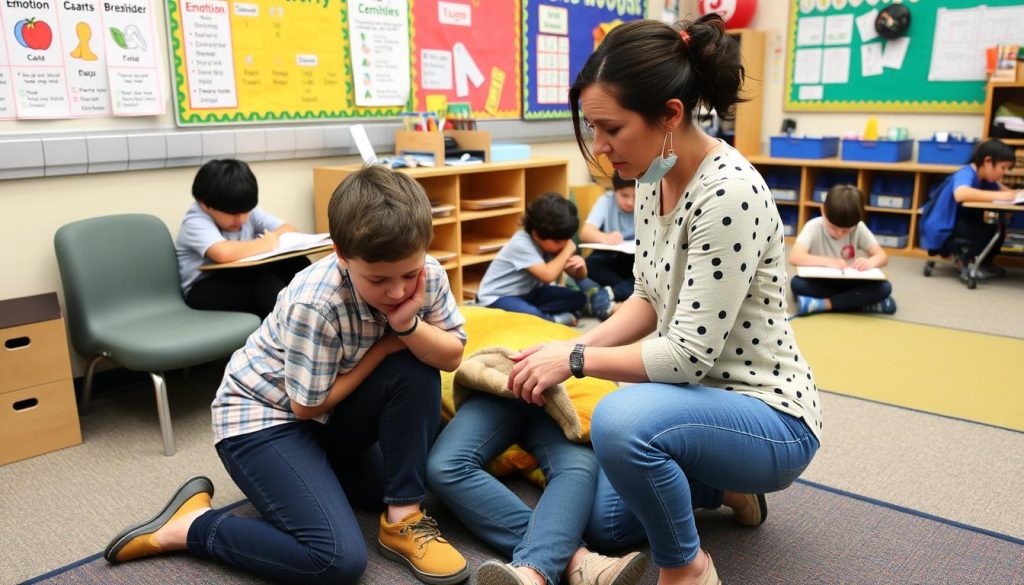 Teacher helping student with emotional regulation in a calm-down corner of classroom Teacher helping student with emotional regulation in a calm-down corner of classroom