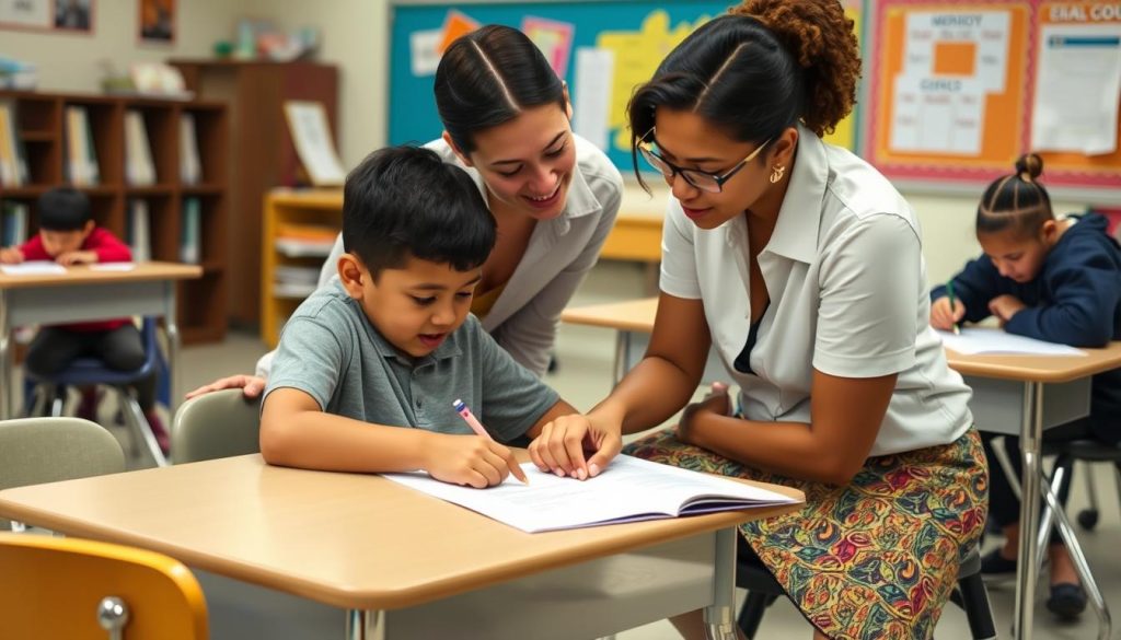 Teacher helping students select from different learning options Teacher helping students select from different learning options
