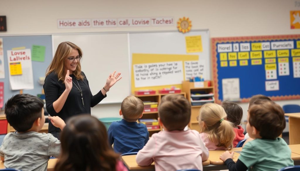 Teacher implementing noise management strategy with students Teacher implementing noise management strategy with students