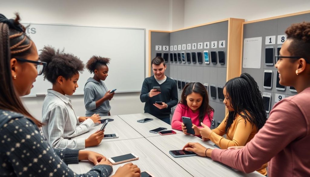 Teacher managing phones in the classroom with students placing devices in a storage system Teacher managing phones in the classroom with students placing devices in a storage system